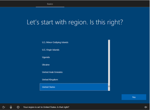 A screenshot of a Windows setup screen prompting for a region.